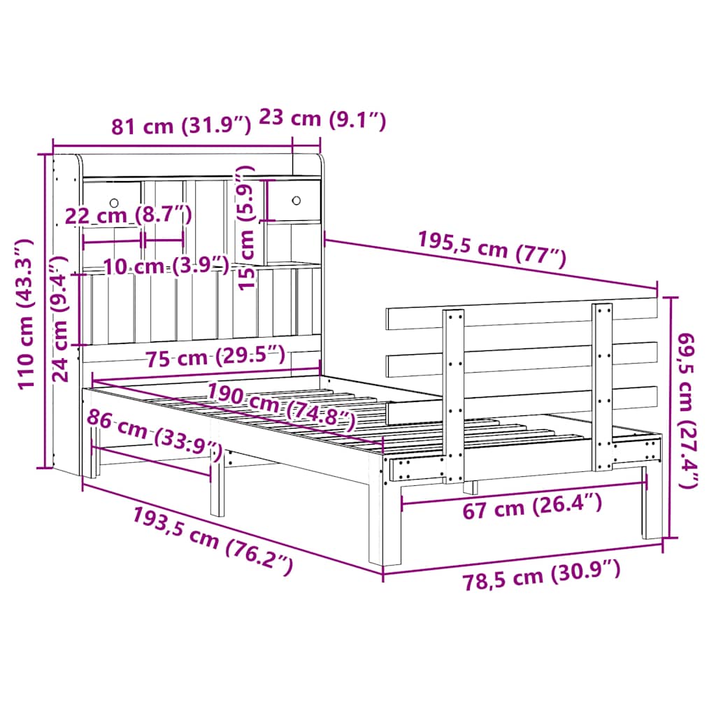 Seng med bokhylle uten madrass 75x190 cm heltre furu