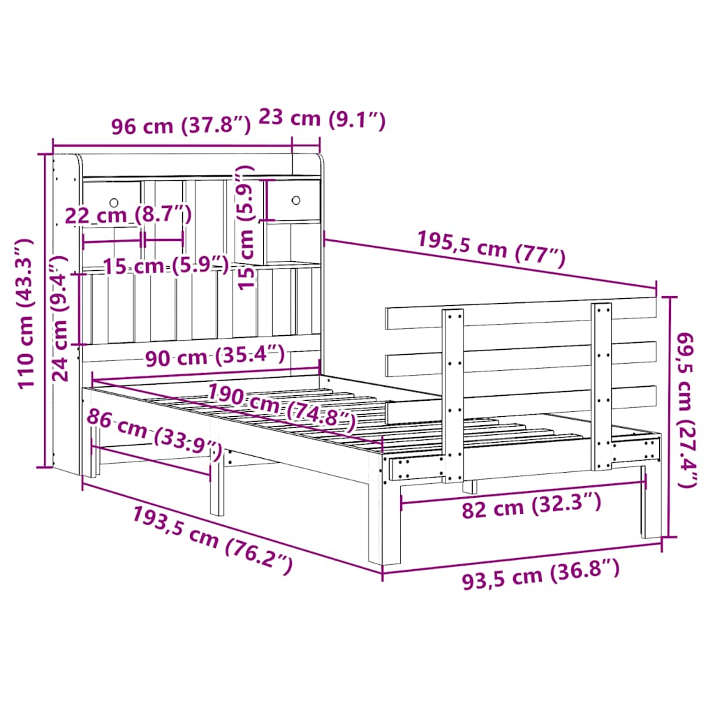 Seng med bokhylle uten madrass 90x190 cm heltre furu