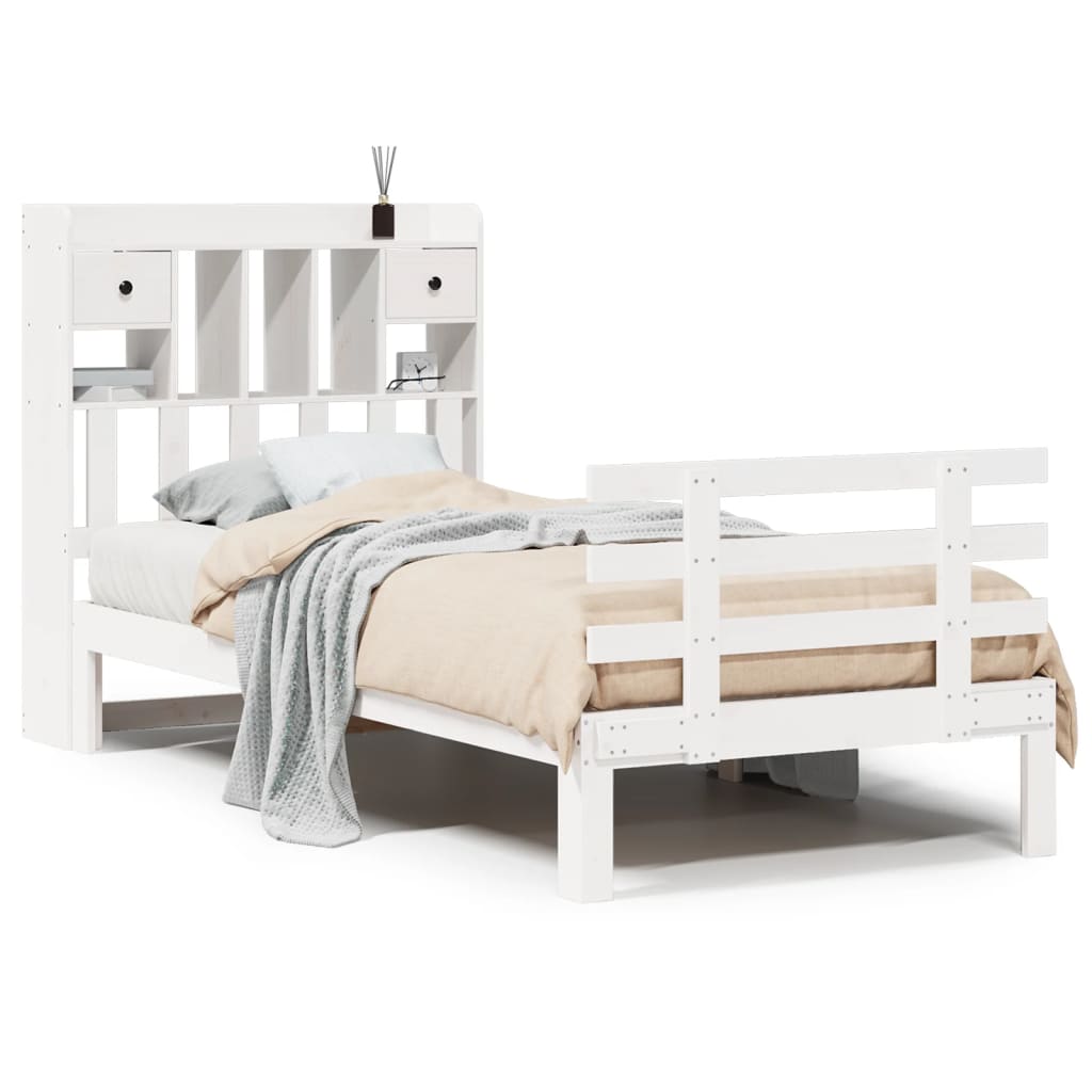 Seng med bokhylle uten madrass hvit 90x190 cm heltre furu