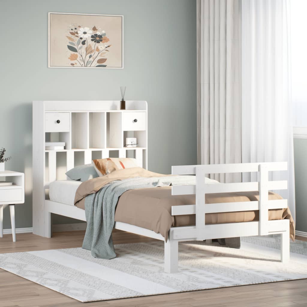 Seng med bokhylle uten madrass hvit 90x190 cm heltre furu