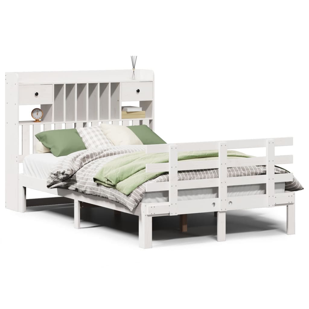 Seng med bokhylle uten madrass hvit 135x190 cm heltre furu