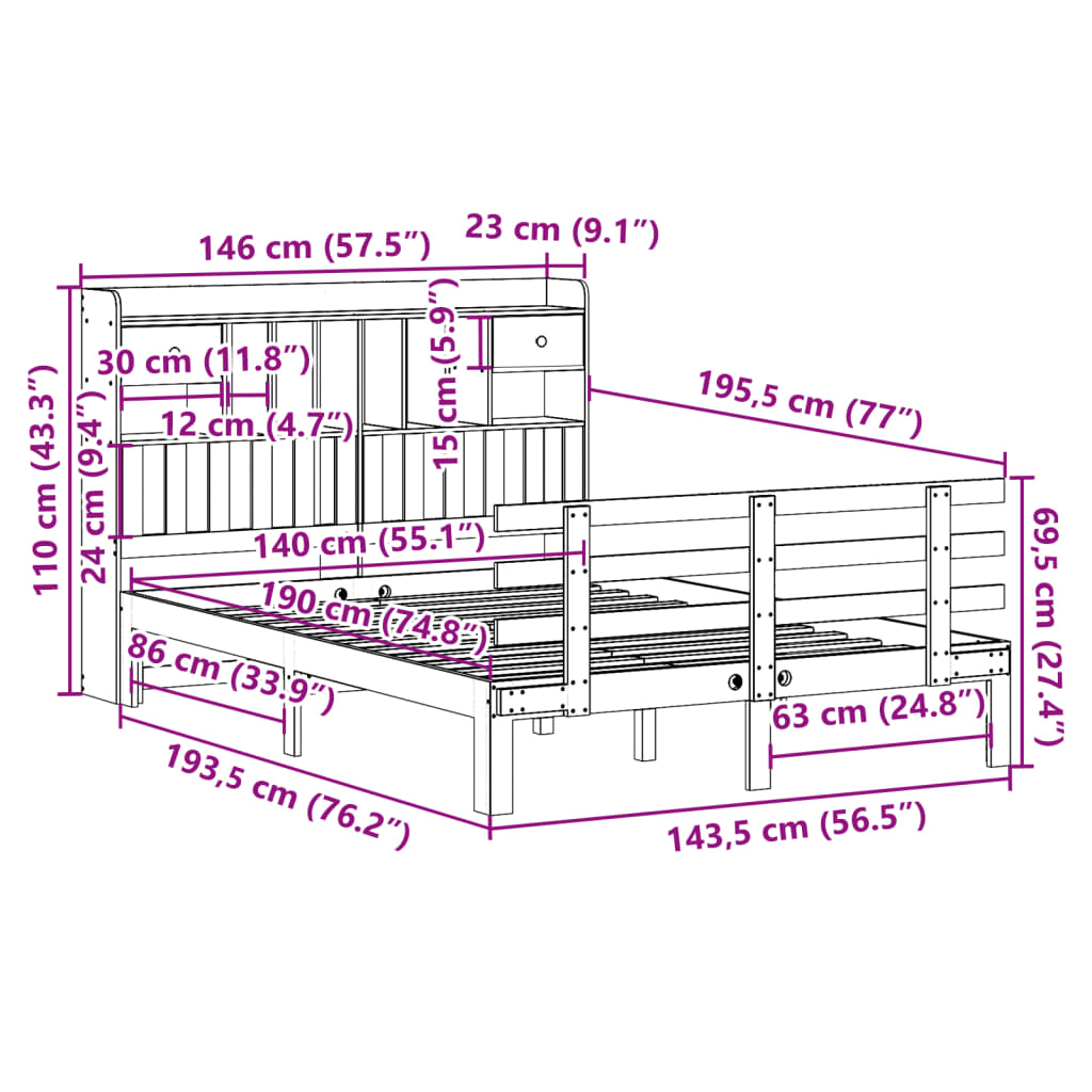Seng med bokhylle uten madrass 140x190 cm heltre furu