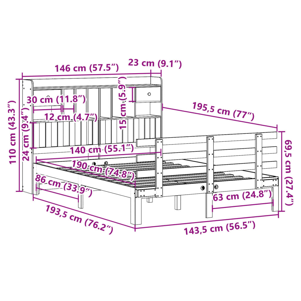 Seng med bokhylle uten madrass hvit 140x190 cm heltre furu