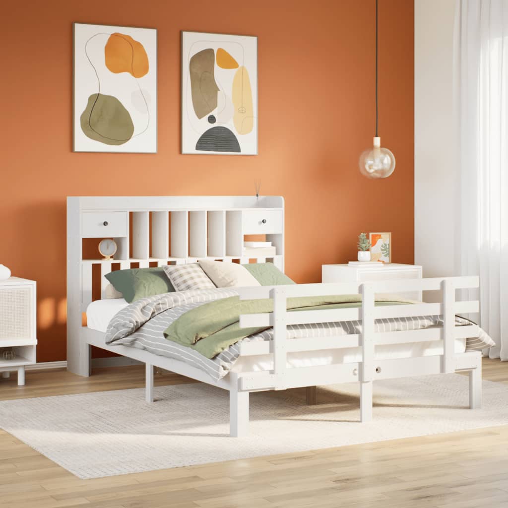 Seng med bokhylle uten madrass hvit 140x190 cm heltre furu