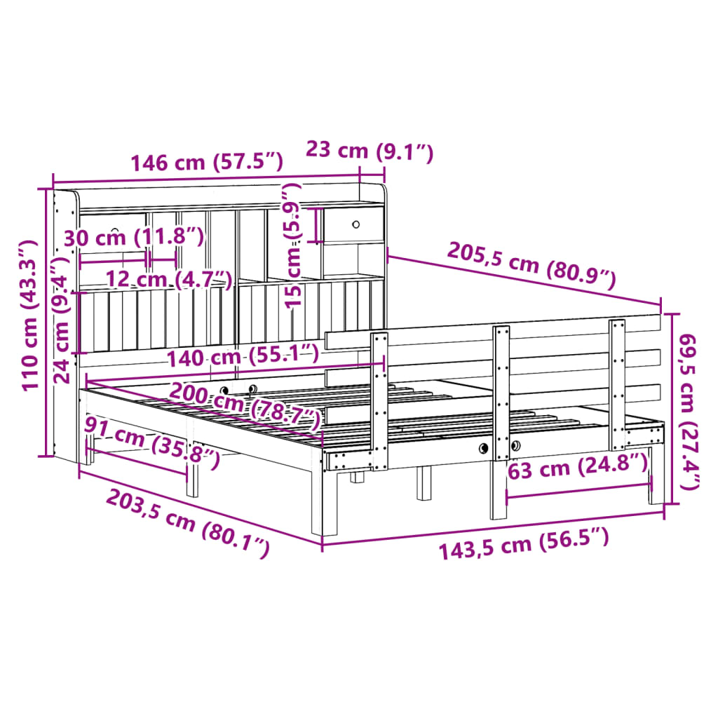Seng med bokhylle uten madrass 140x200 cm heltre furu