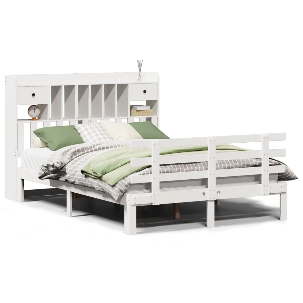 Seng med bokhylle uten madrass hvit 140x200 cm heltre furu