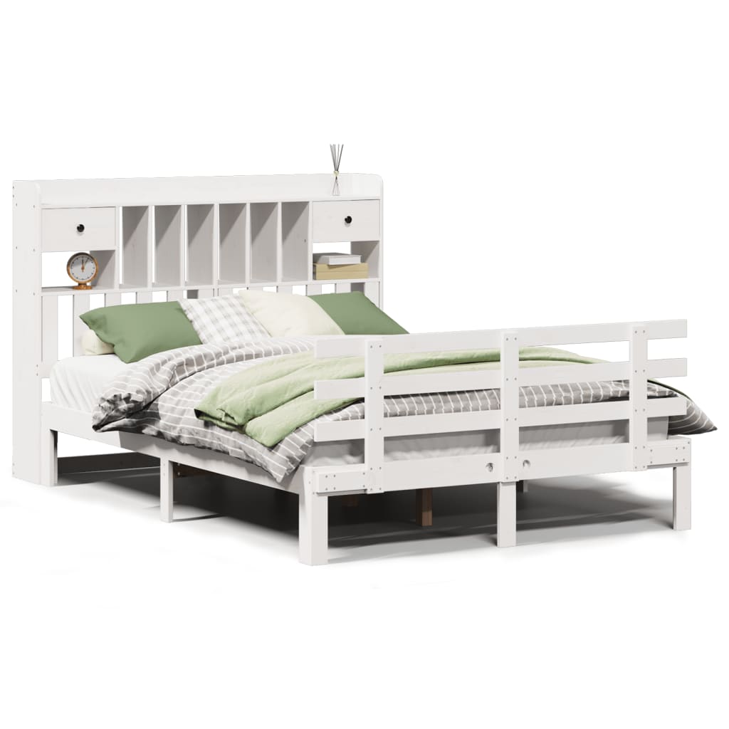 Seng med bokhylle uten madrass hvit 150x200 cm heltre furu