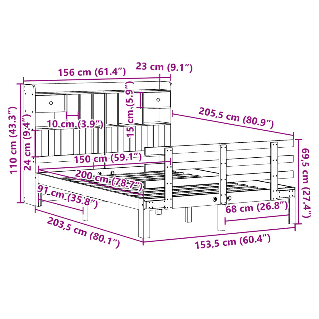 Seng med bokhylle uten madrass hvit 150x200 cm heltre furu
