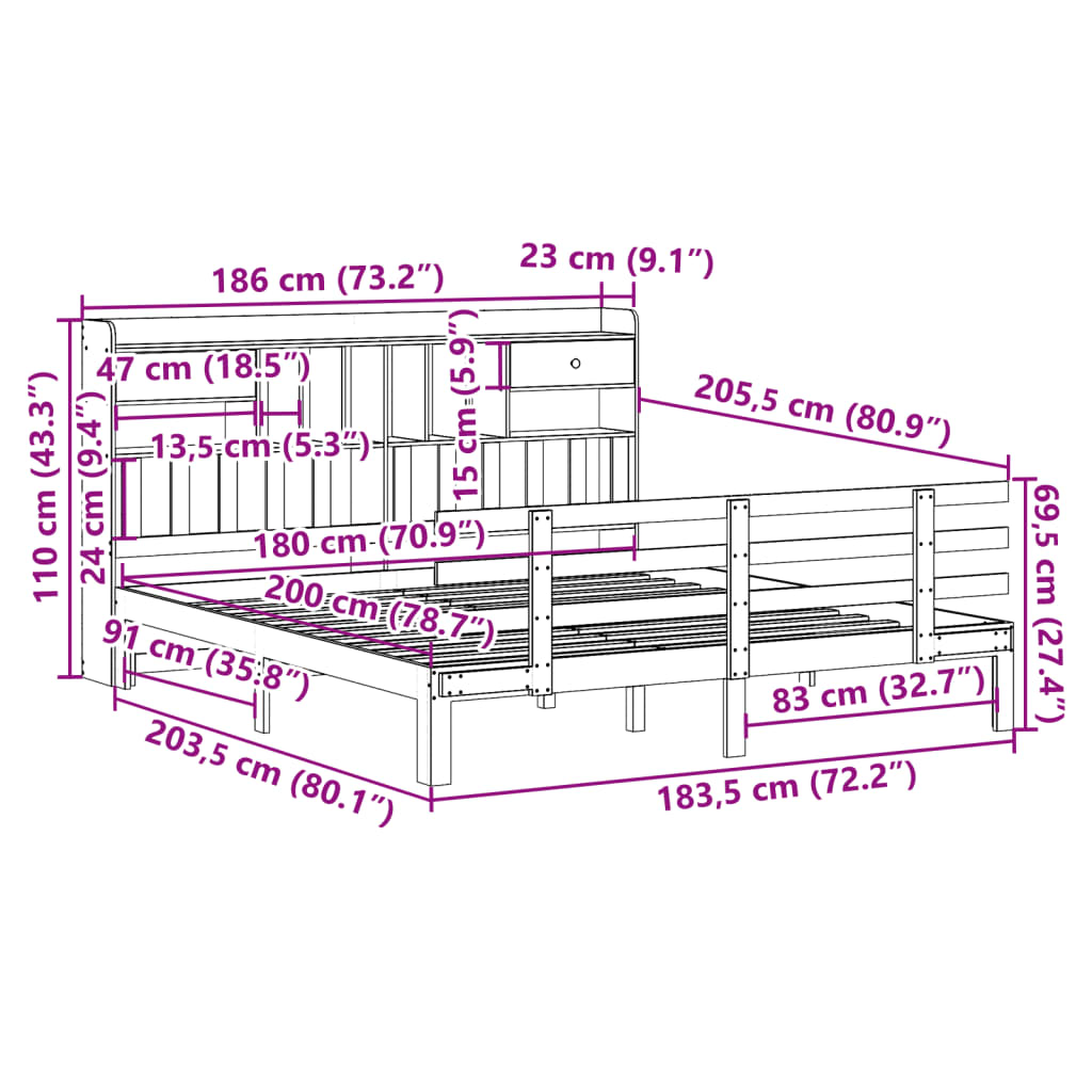 Seng med bokhylle uten madrass 180x200 cm heltre furu