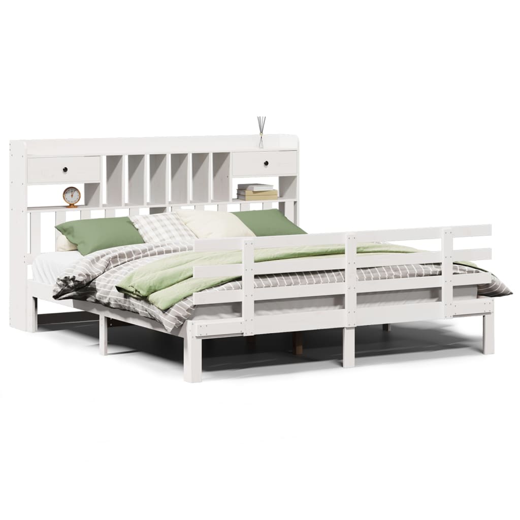 Seng med bokhylle uten madrass hvit 180x200 cm heltre furu