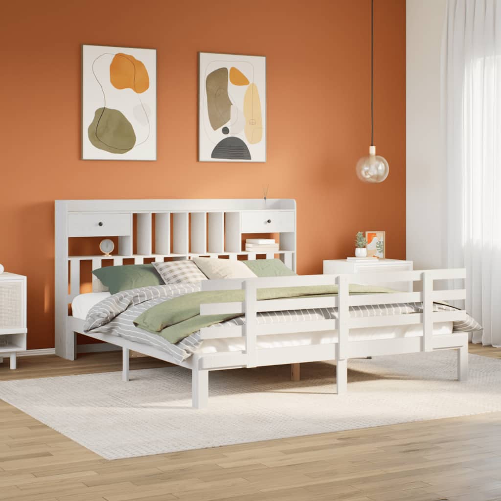 Seng med bokhylle uten madrass hvit 180x200 cm heltre furu