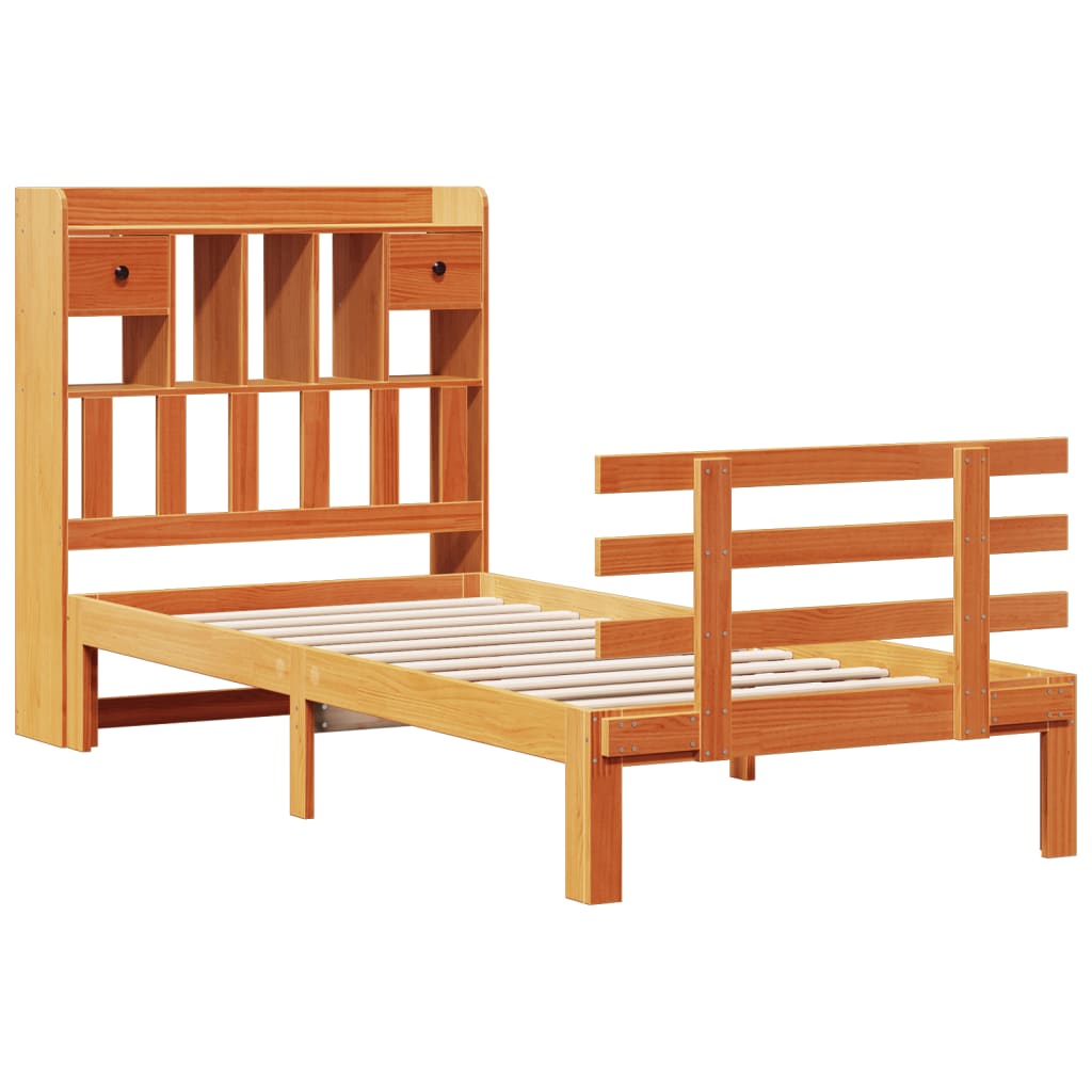 Seng med bokhylle uten madrass voksbrun 75x190 cm heltre furu