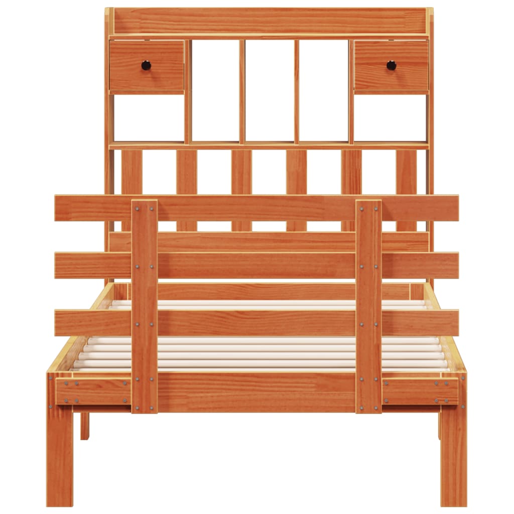 Seng med bokhylle uten madrass voksbrun 75x190 cm heltre furu