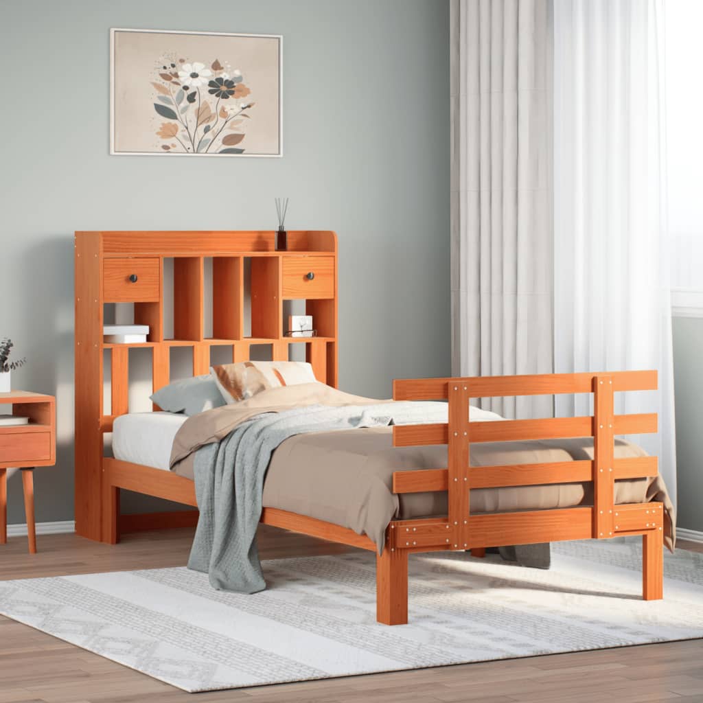 Seng med bokhylle uten madrass voksbrun 75x190 cm heltre furu