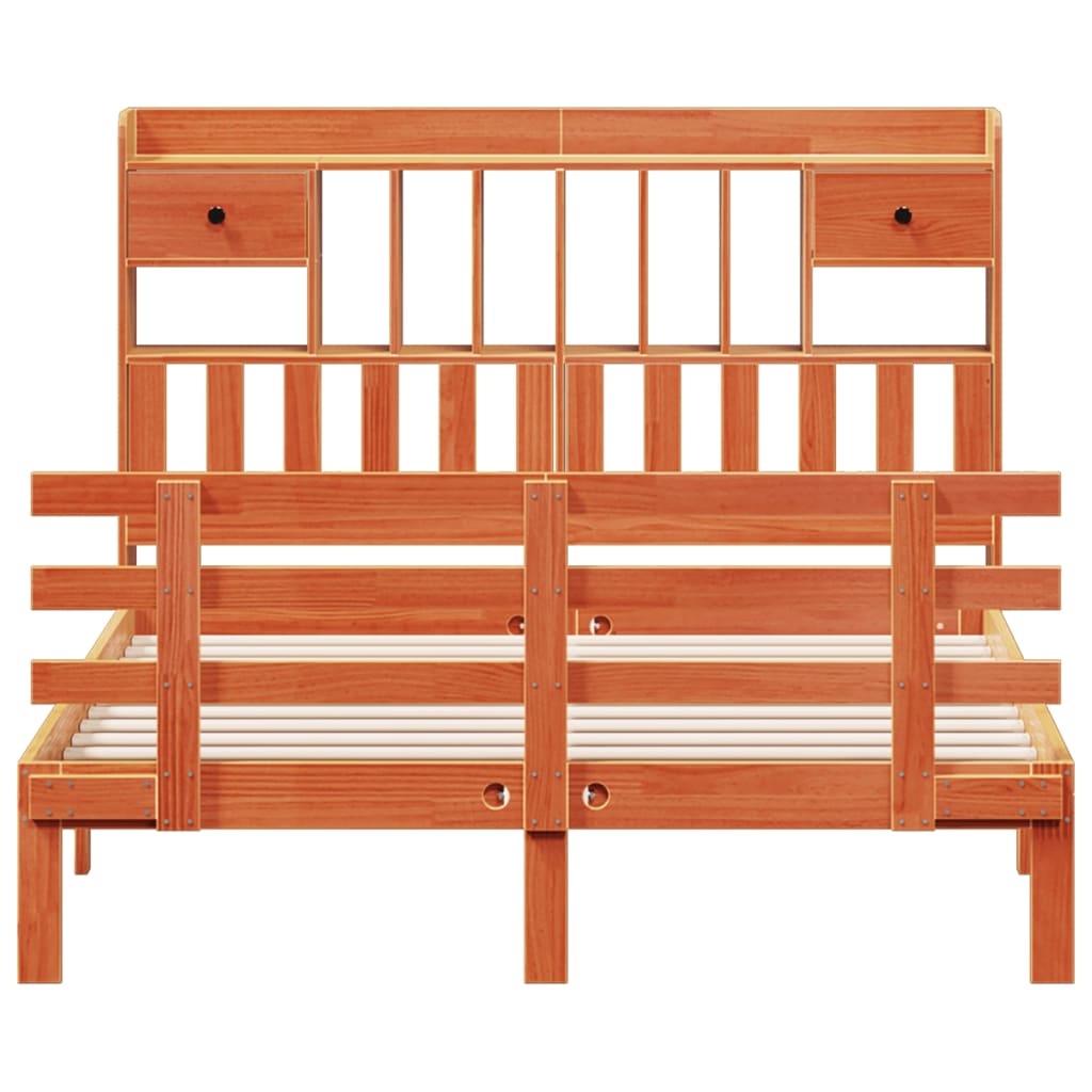 Seng med bokhylle uten madrass voksbrun 140x190 cm heltre furu