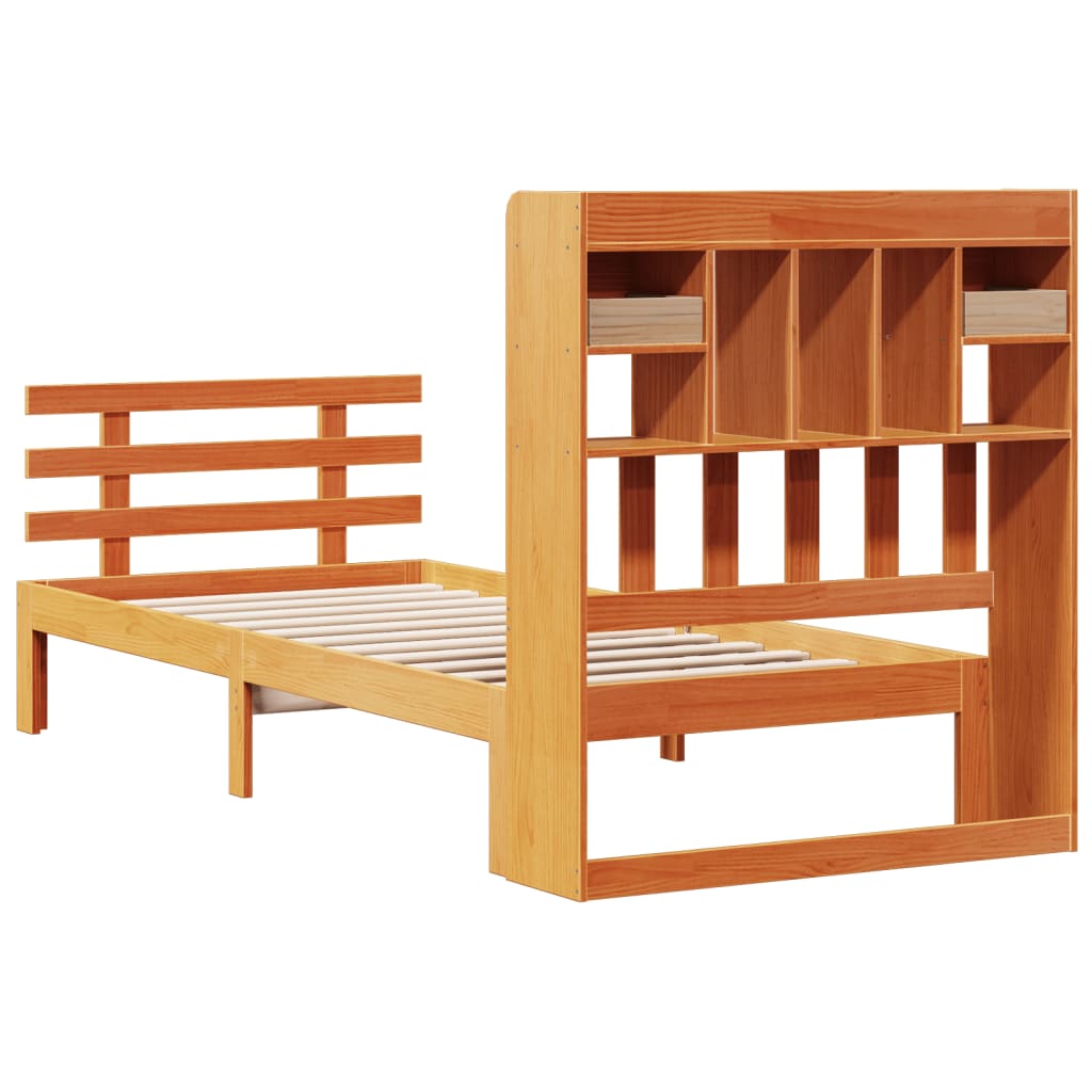 Seng med bokhylle uten madrass voksbrun 100x200 cm heltre furu