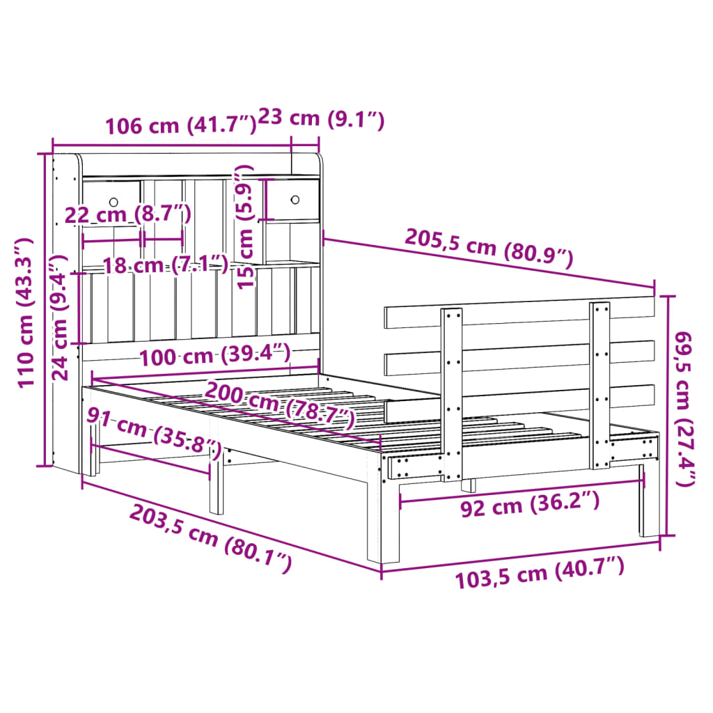 Seng med bokhylle uten madrass voksbrun 100x200 cm heltre furu