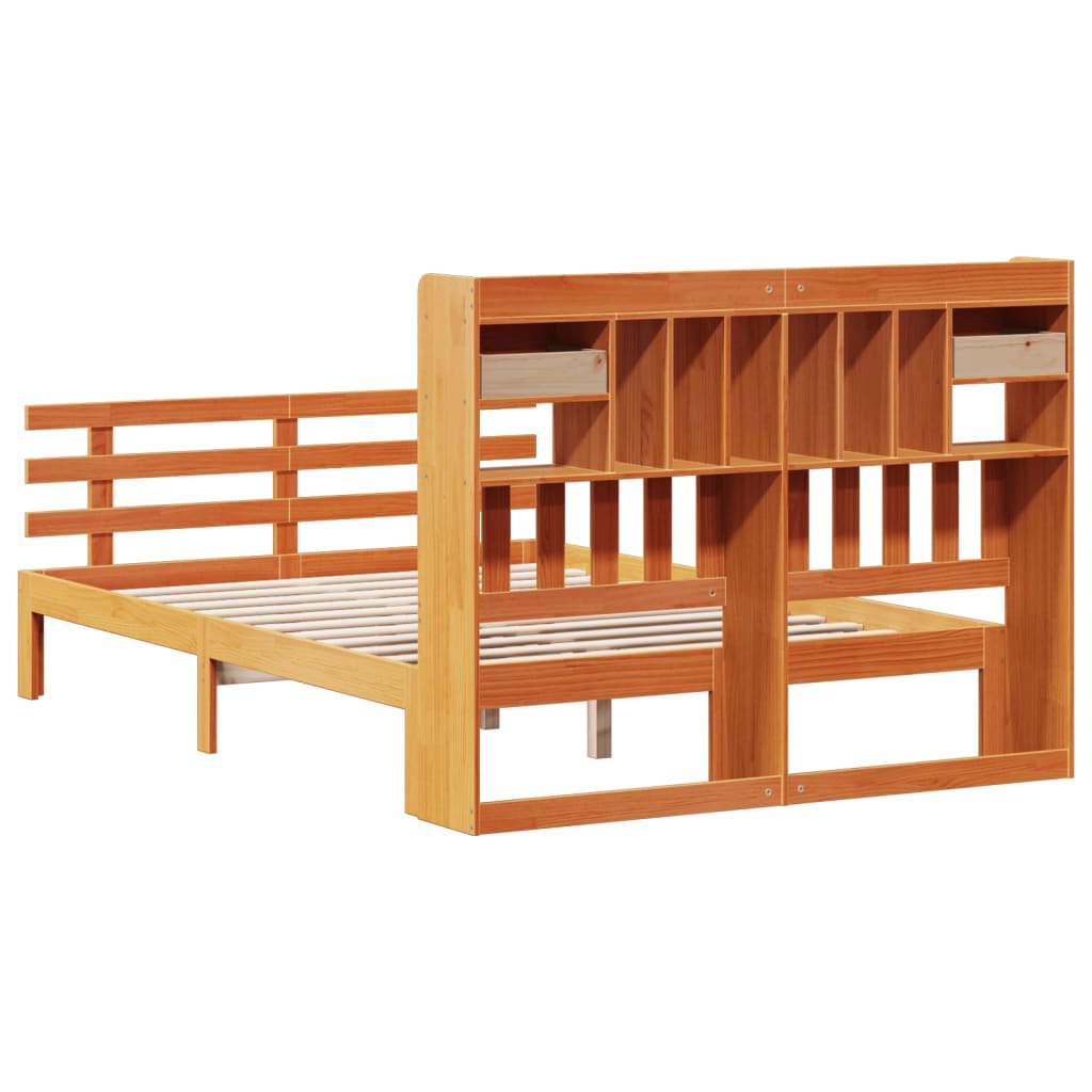 Seng med bokhylle uten madrass voksbrun 150x200 cm heltre furu