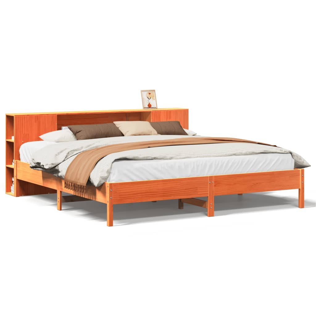 Seng med bokhylle uten madrass voksbrun 200x200 cm heltre furu
