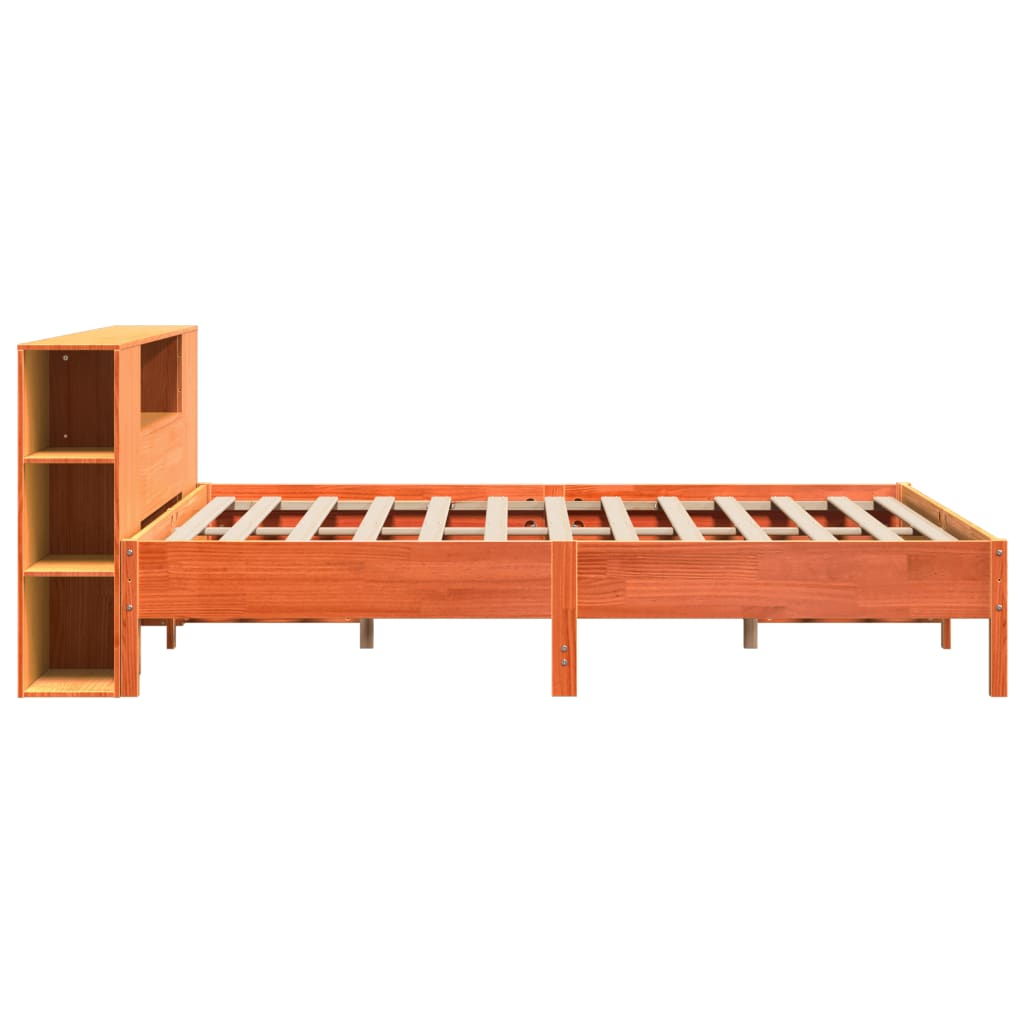 Seng med bokhylle uten madrass voksbrun 200x200 cm heltre furu