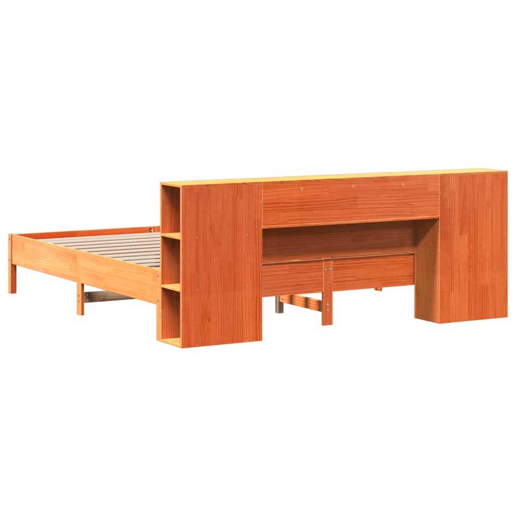 Seng med bokhylle uten madrass voksbrun 200x200 cm heltre furu