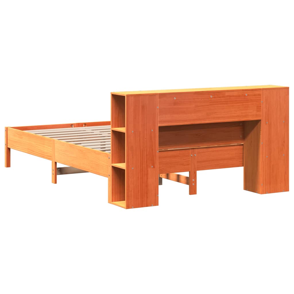 Seng med bokhylle uten madrass voksbrun 160x200 cm heltre furu