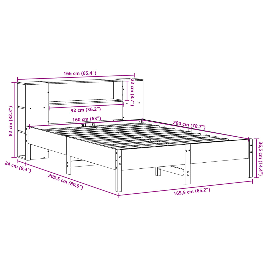 Seng med bokhylle uten madrass voksbrun 160x200 cm heltre furu