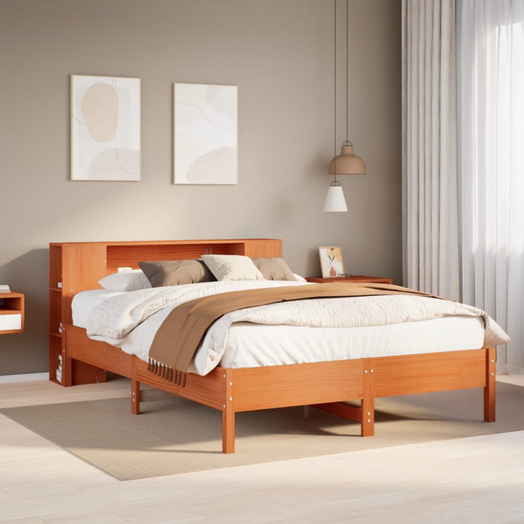 Seng med bokhylle uten madrass voksbrun 160x200 cm heltre furu