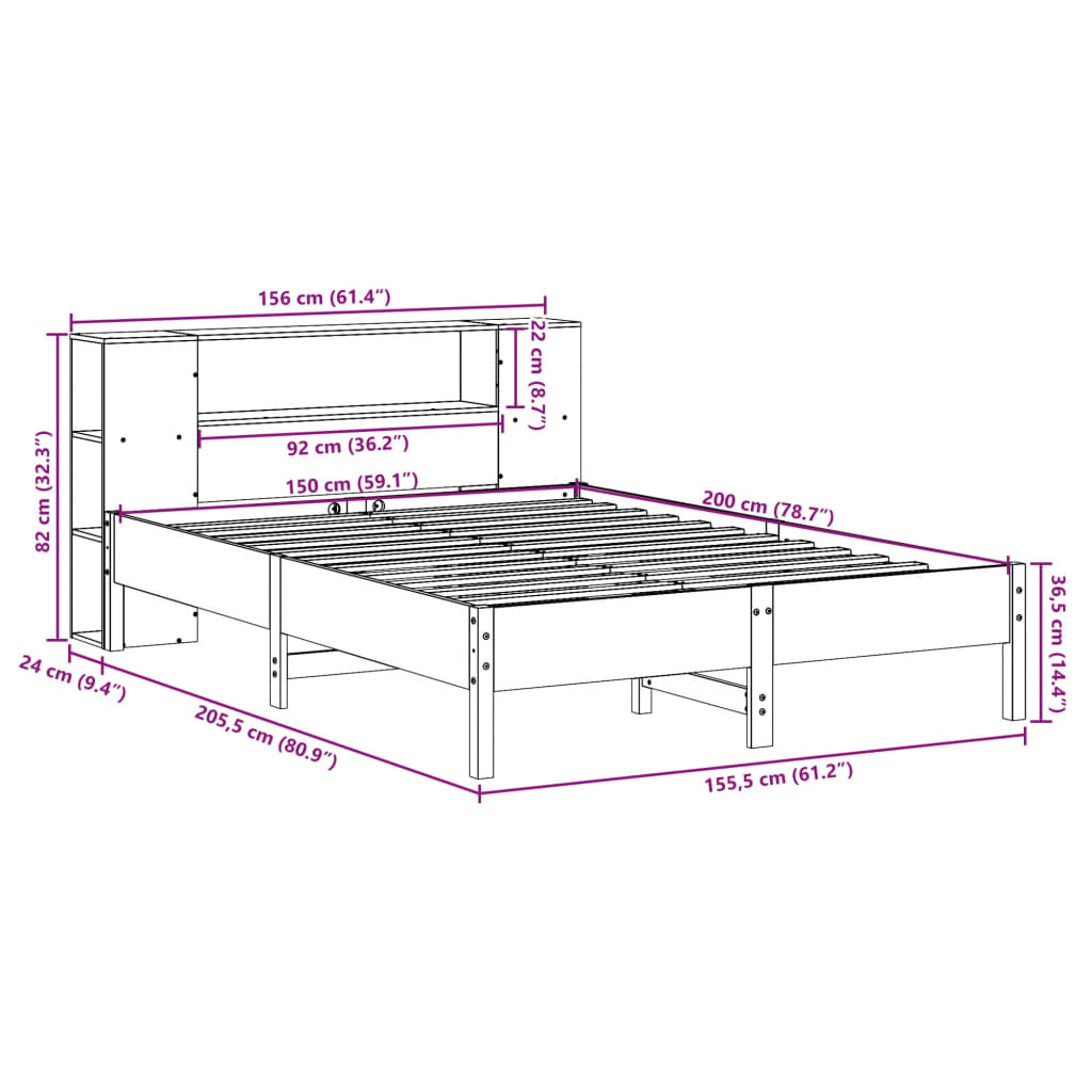 Seng med bokhylle uten madrass hvit 150x200 cm heltre furu