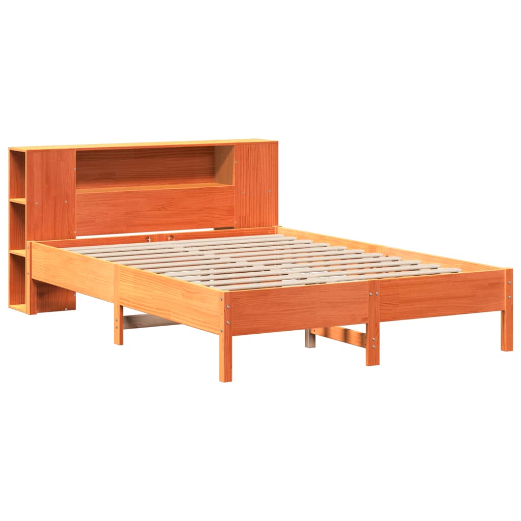 Seng med bokhylle uten madrass voksbrun 140x200 cm heltre furu