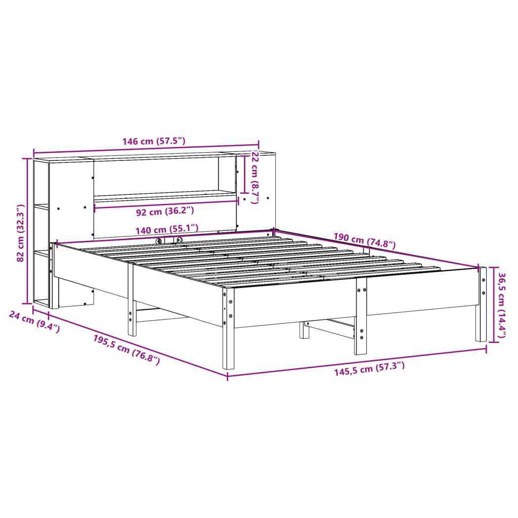 Seng med bokhylle uten madrass voksbrun 140x190 cm heltre furu