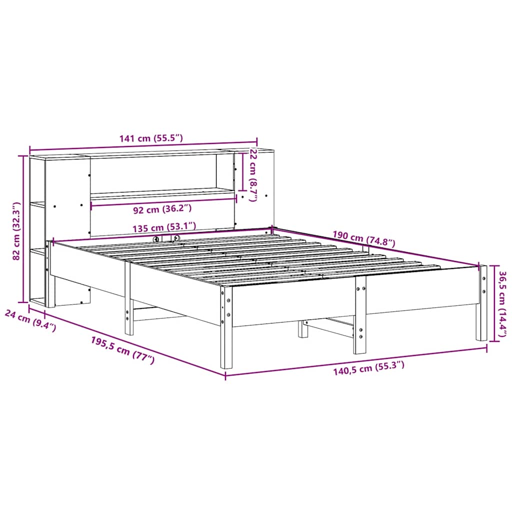 Seng med bokhylle uten madrass 135x190 cm heltre furu