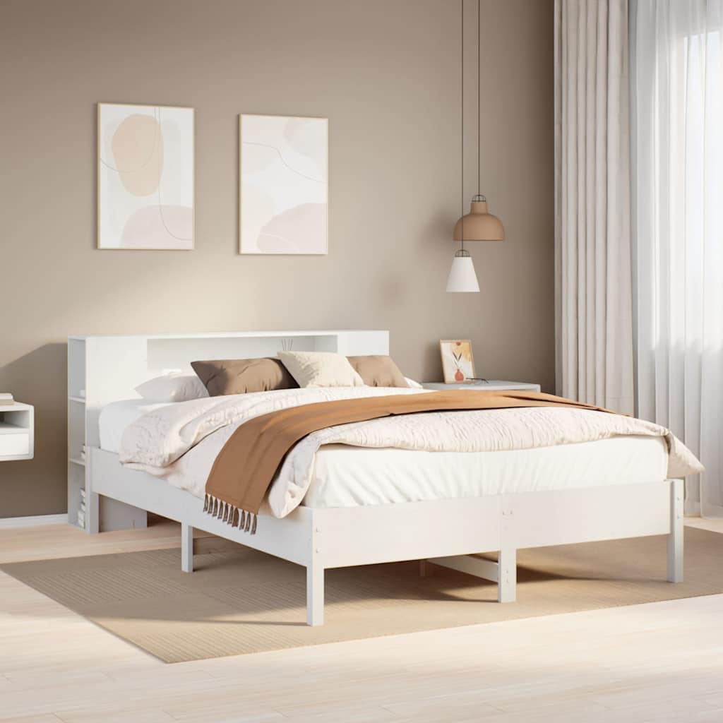 Seng med bokhylle uten madrass hvit 135x190 cm heltre furu