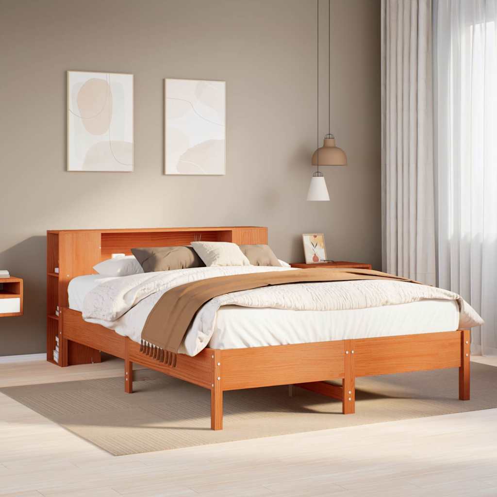 Seng med bokhylle uten madrass voksbrun 135x190 cm heltre furu