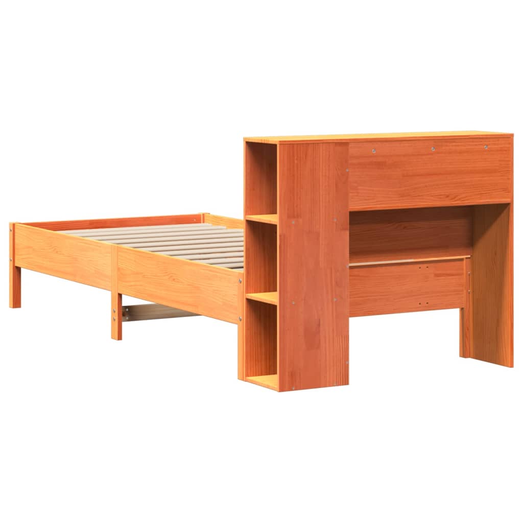 Seng med bokhylle uten madrass voksbrun 100x200 cm heltre furu