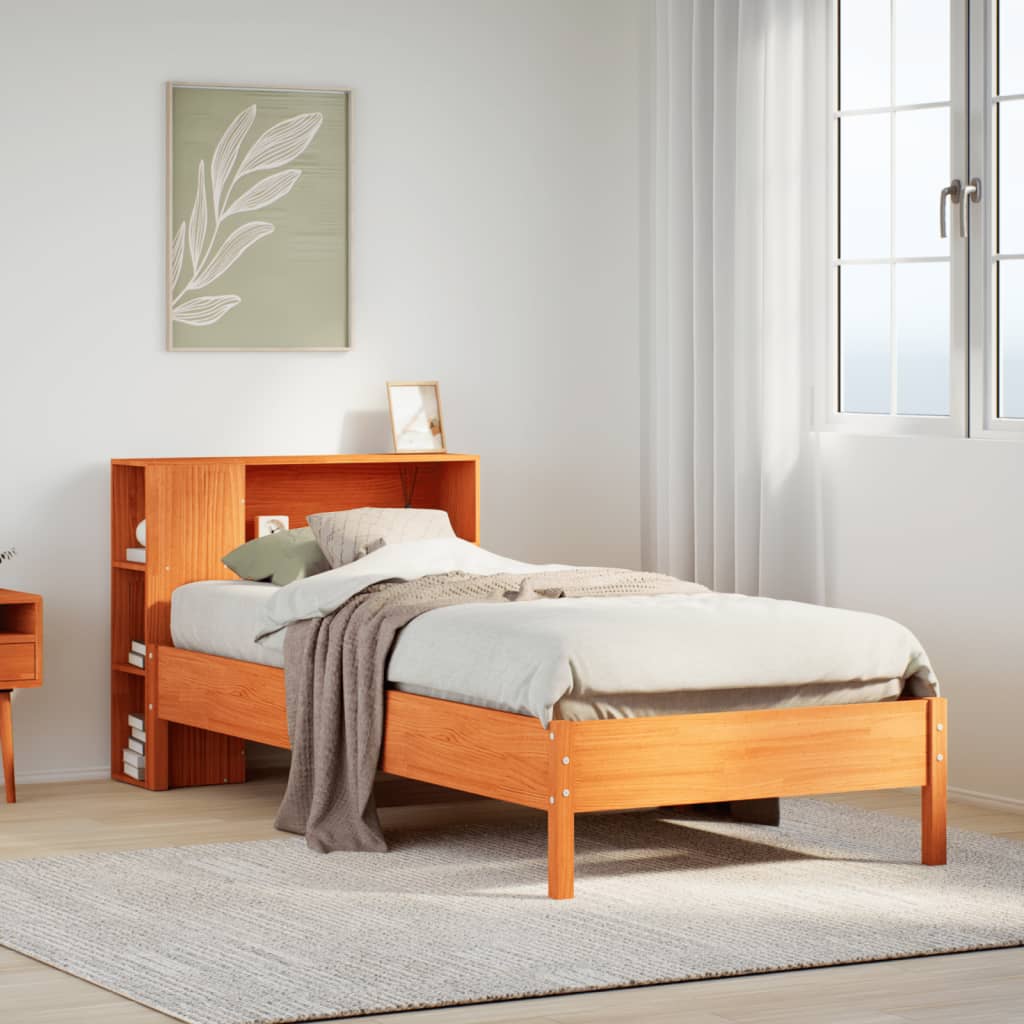 Seng med bokhylle uten madrass voksbrun 100x200 cm heltre furu