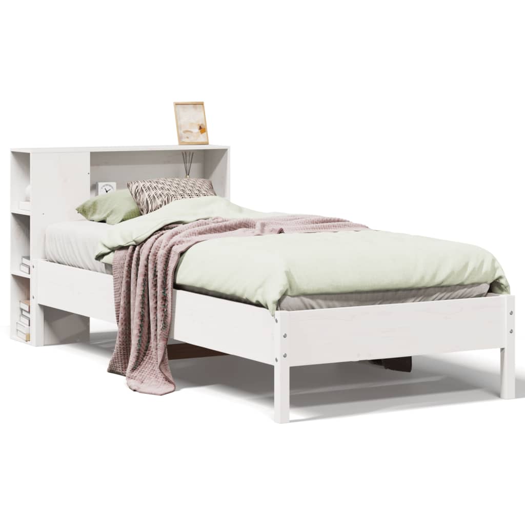 Seng med bokhylle uten madrass hvit 75x190 cm heltre furu