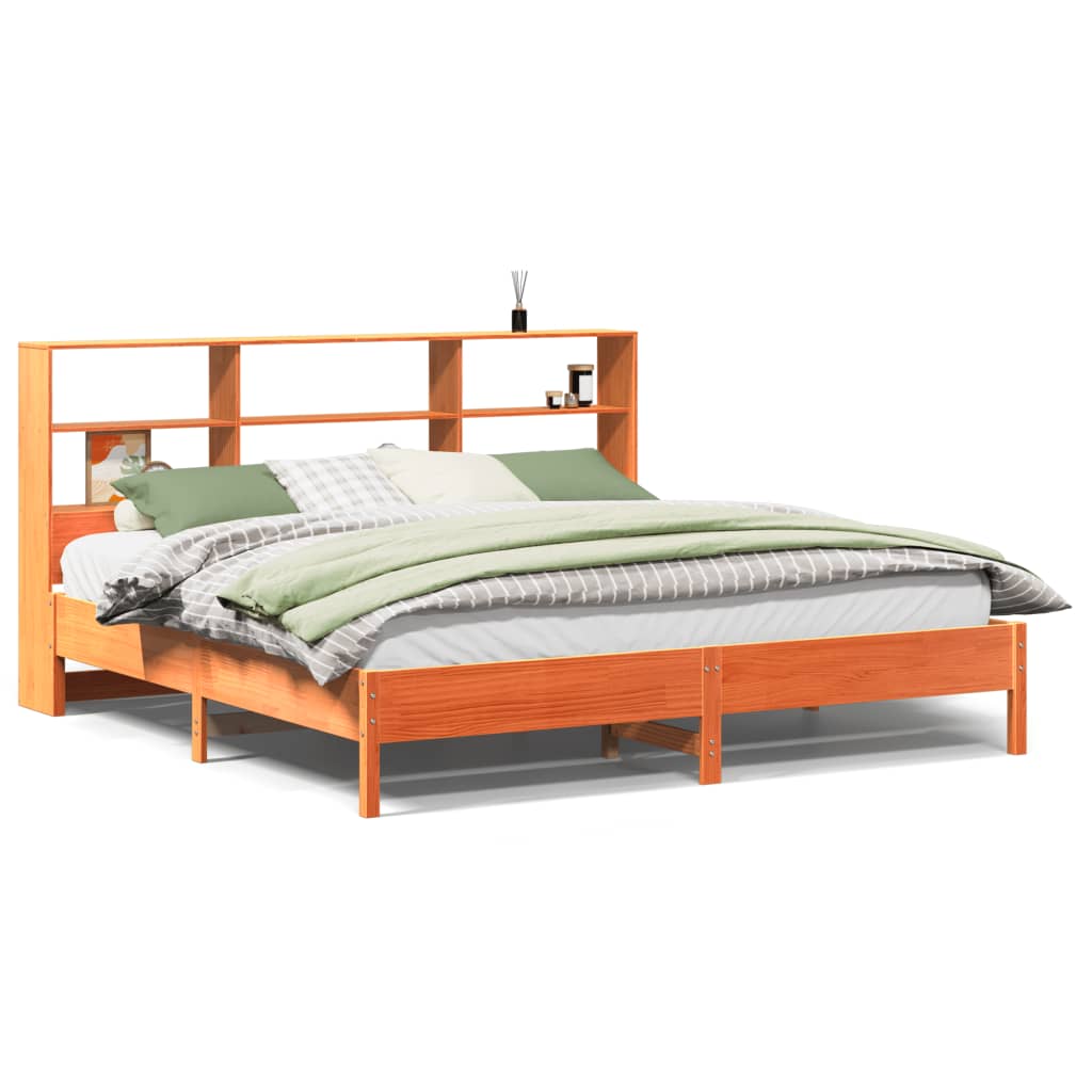 Seng med bokhylle uten madrass voksbrun 200x200 cm heltre furu