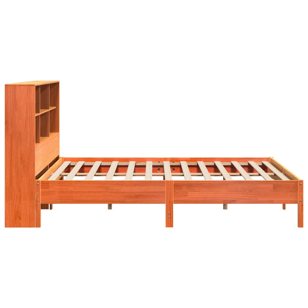 Seng med bokhylle uten madrass voksbrun 200x200 cm heltre furu