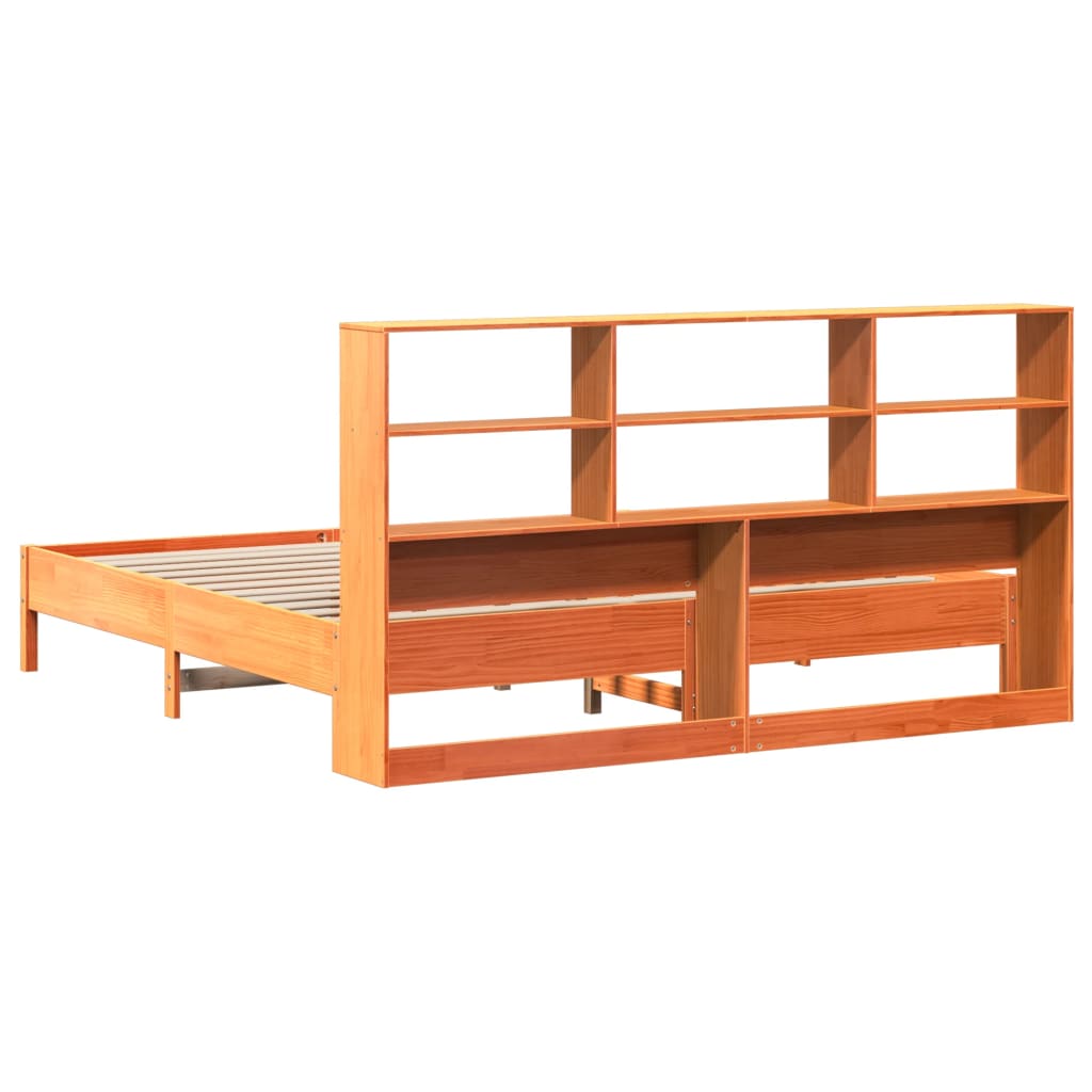 Seng med bokhylle uten madrass voksbrun 200x200 cm heltre furu