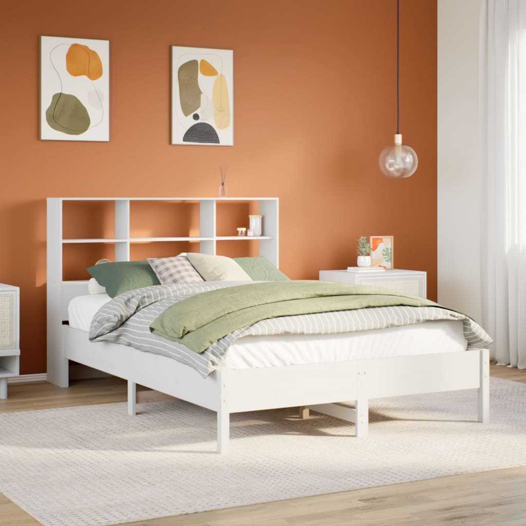 Seng med bokhylle uten madrass hvit 160x200 cm heltre furu