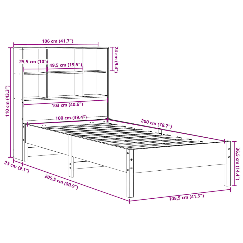 Seng med bokhylle uten madrass voksbrun 100x200 cm heltre furu