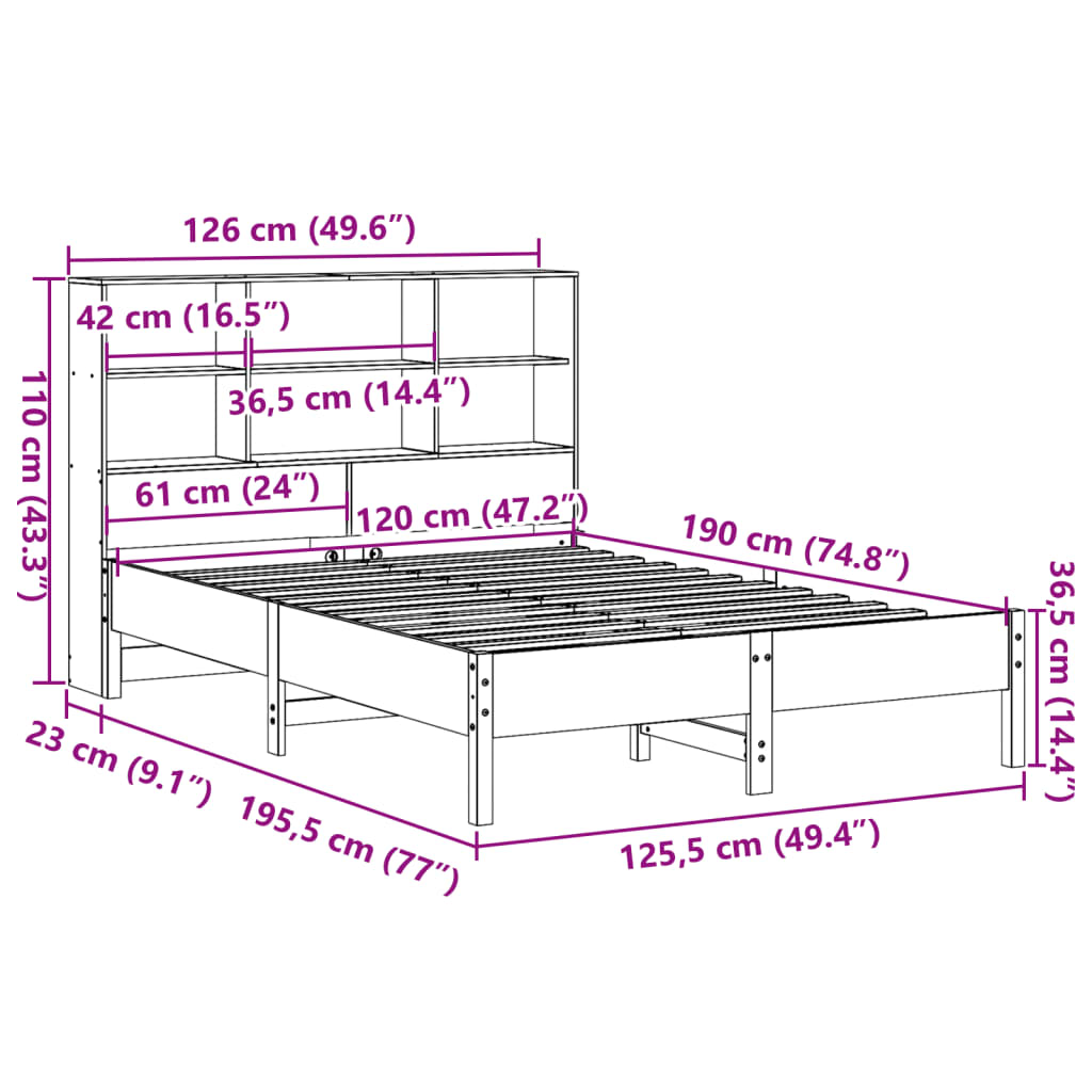 Seng med bokhylle uten madrass voksbrun 120x190 cm heltre furu