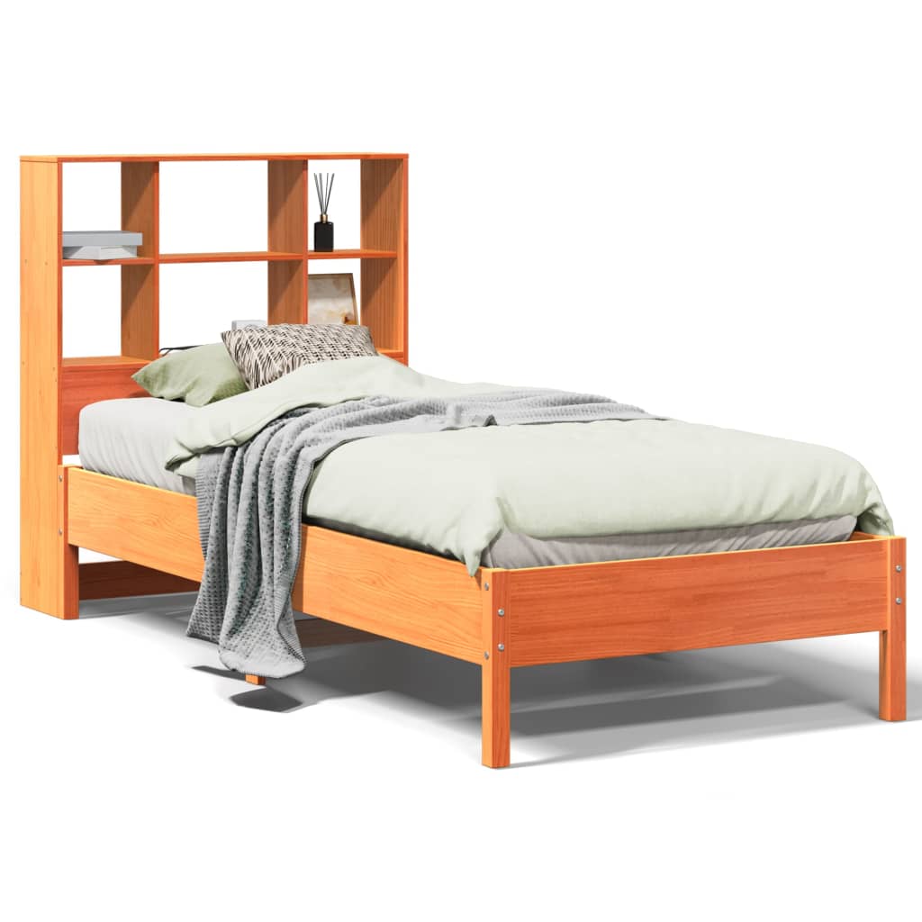 Seng med bokhylle uten madrass voksbrun 75x190 cm heltre furu