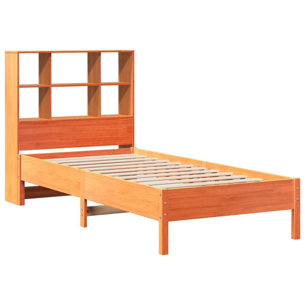 Seng med bokhylle uten madrass voksbrun 75x190 cm heltre furu