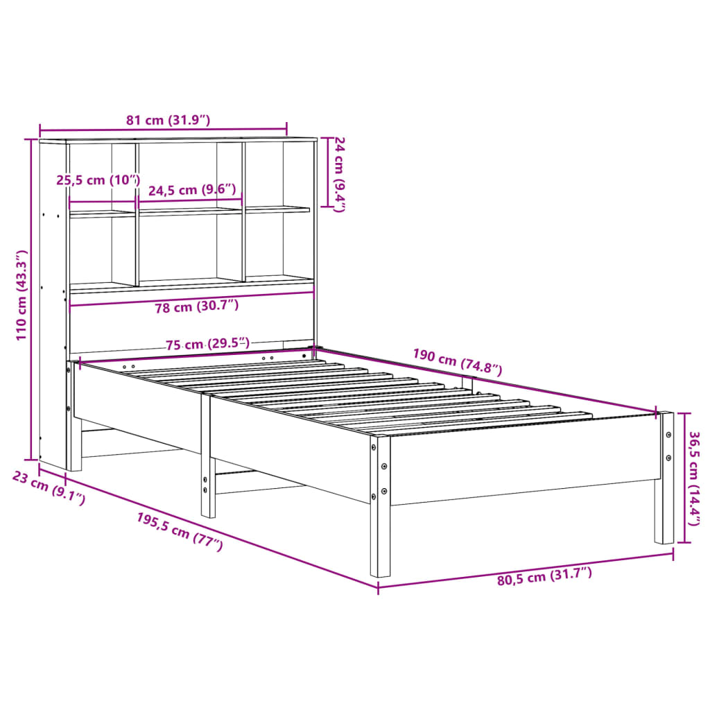 Seng med bokhylle uten madrass voksbrun 75x190 cm heltre furu