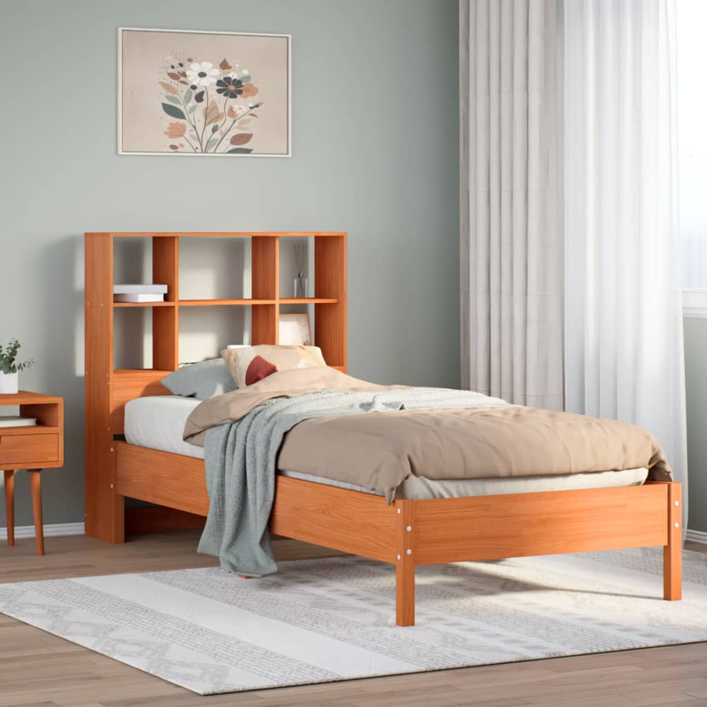 Seng med bokhylle uten madrass voksbrun 75x190 cm heltre furu