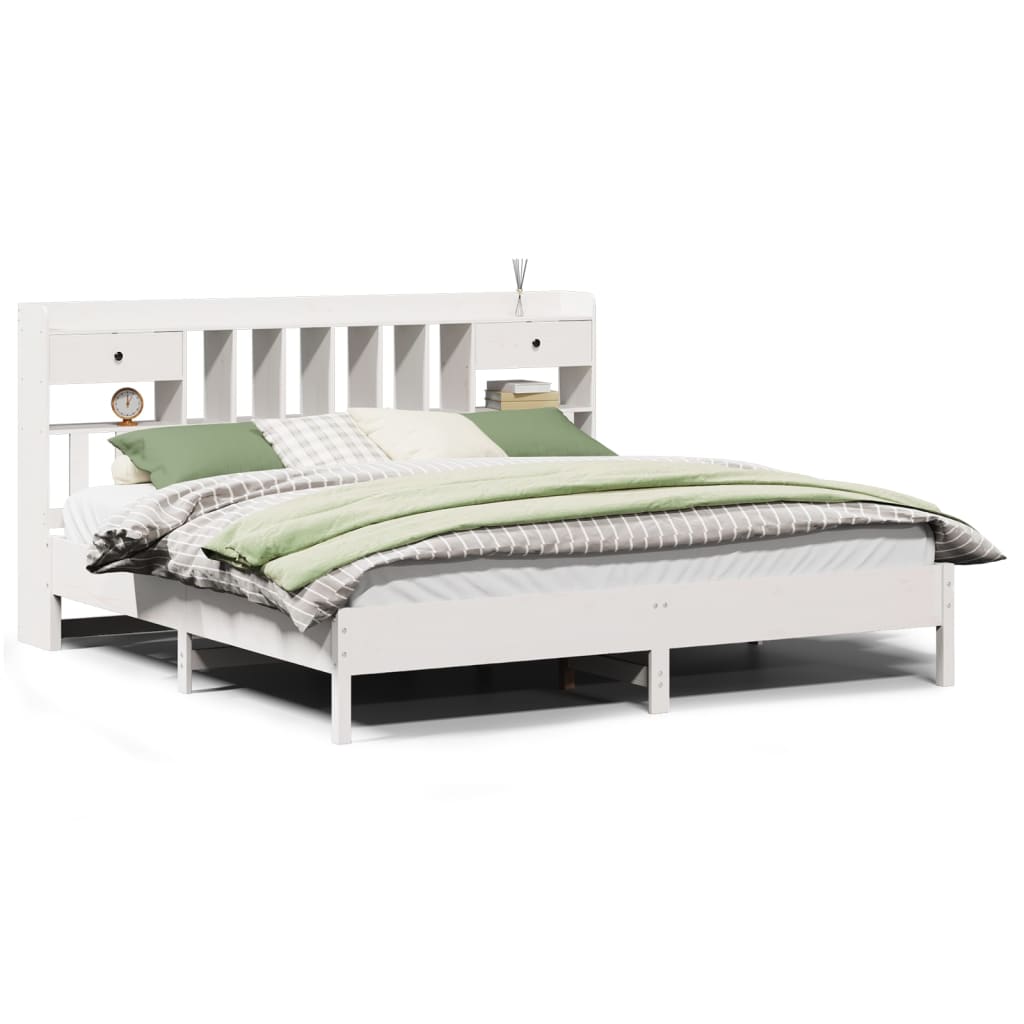 Seng med bokhylle uten madrass hvit 180x200 cm heltre furu