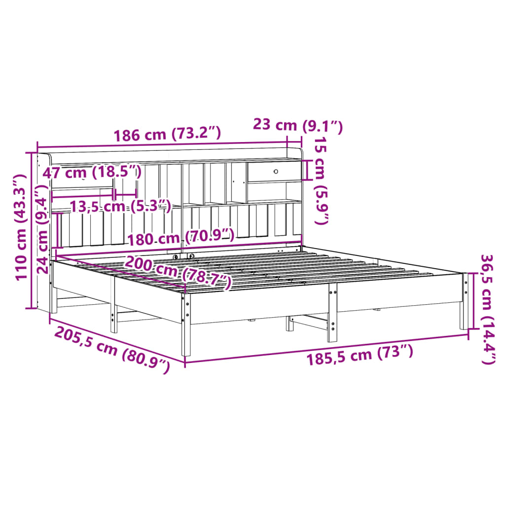 Seng med bokhylle uten madrass hvit 180x200 cm heltre furu