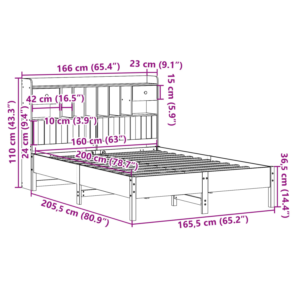 Seng med bokhylle uten madrass hvit 160x200 cm heltre furu
